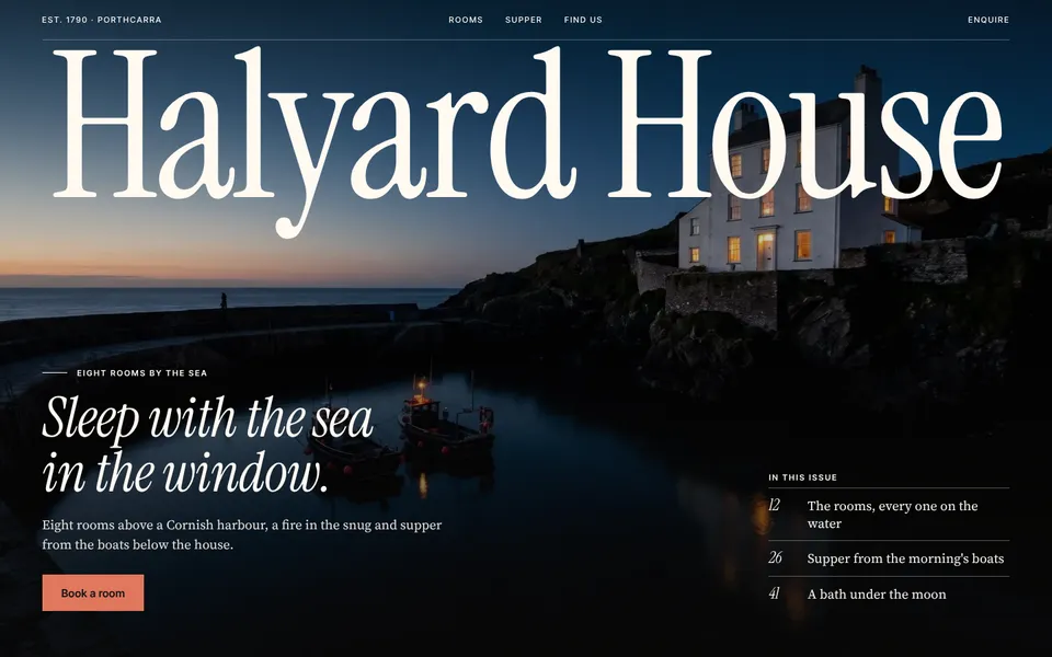 After: the same guest house in Sonder's Editorial Night look, lit at blue hour above the harbour, its name set as a masthead over the line Sleep with the sea in the window.