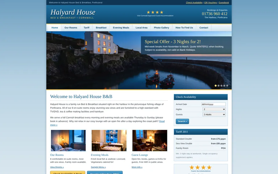 Before: Halyard House's site today, a narrow column with a blue gradient header, tabbed navigation, a banner with a special offer and a sidebar for the tariff.